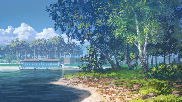 Anime landscape with a lake and trees