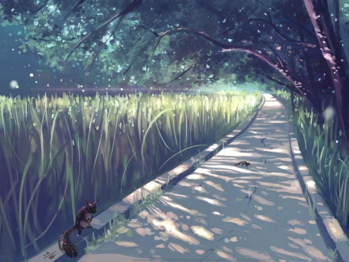 Anime squirrel on a path with tall grass