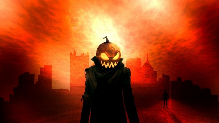 Scary pumpkin-headed figure in a dark city