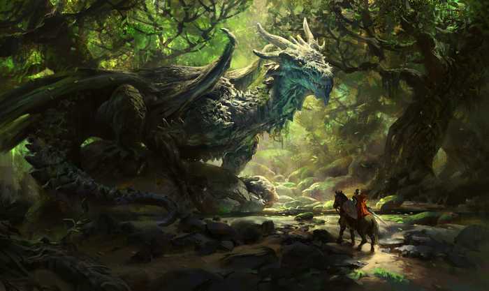 Dragon and knight in a forest