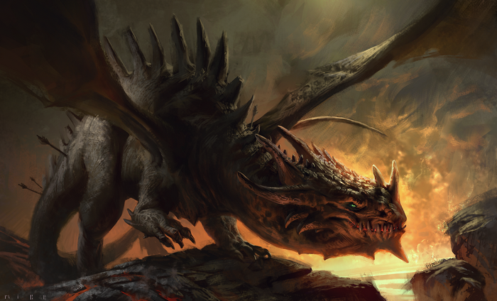 A wounded dragon in a fiery landscape