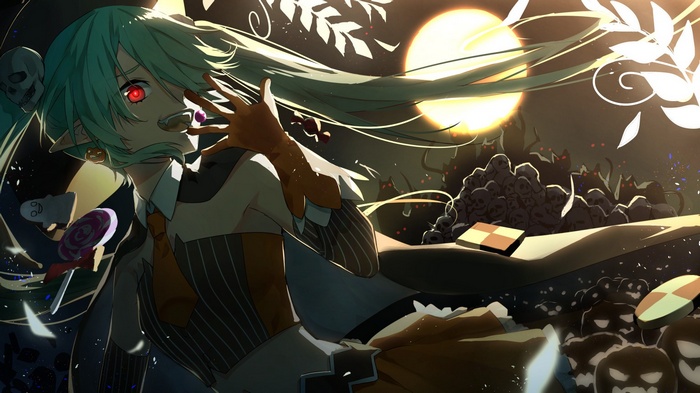 Halloween Hatsune Miku with red eyes and candy