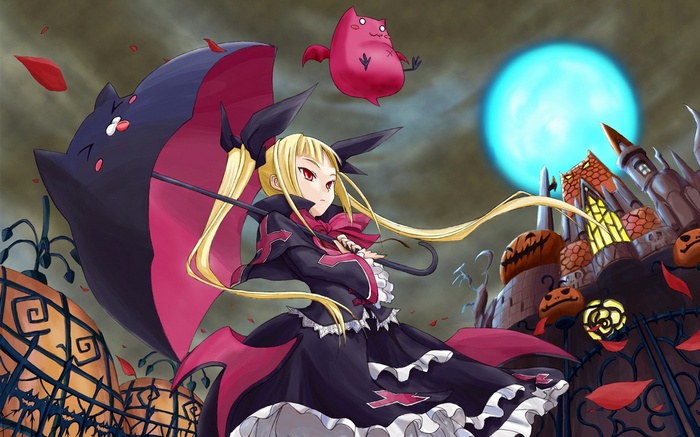 Blazblue Halloween anime girl with umbrella and castle