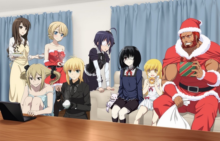 Anime Girls and Santa Claus with Gifts