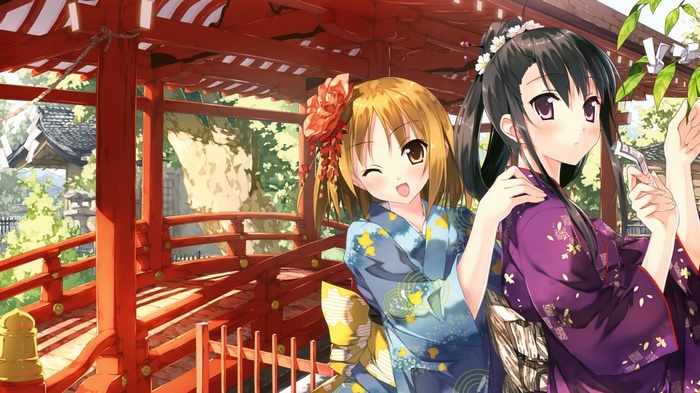 Anime girls in kimonos on a red bridge