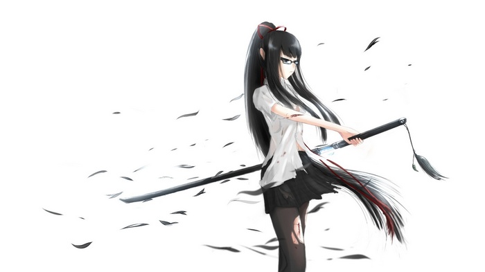 Anime girl with katana and glasses