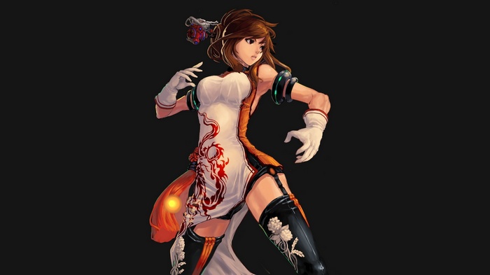 Anime girl in white and orange dress with dragon design