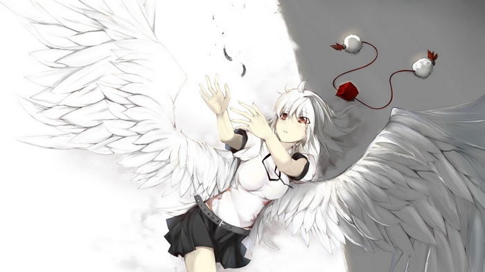 Anime girl with white wings and red eyes