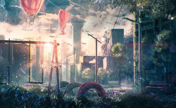 Anime hot air balloons over a playground