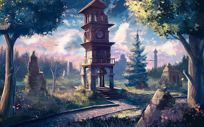 Artwork of a clocktower in a forest clearing