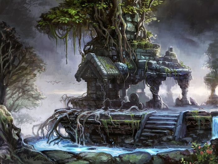 Ancient ruins overgrown with trees and vines