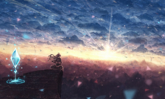 Anime girl sitting on cliff with crystal