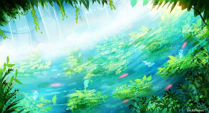 Anime forest with glowing creatures and fish