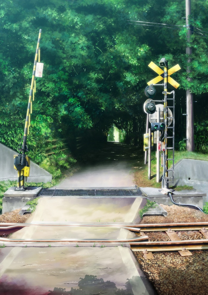 Anime railroad crossing with trees and signals