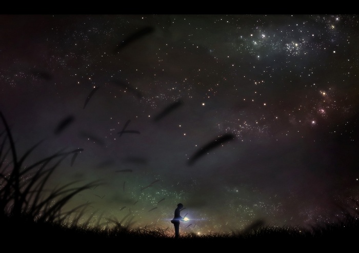 Anime silhouette holding a glowing lantern under a starry sky