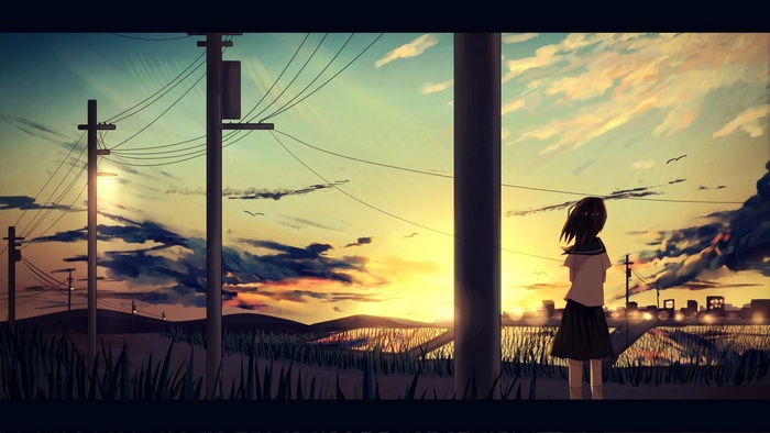 Anime girl watches sunset over fields and city