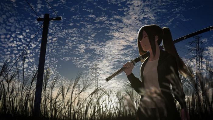 Anime girl with sword near utility pole