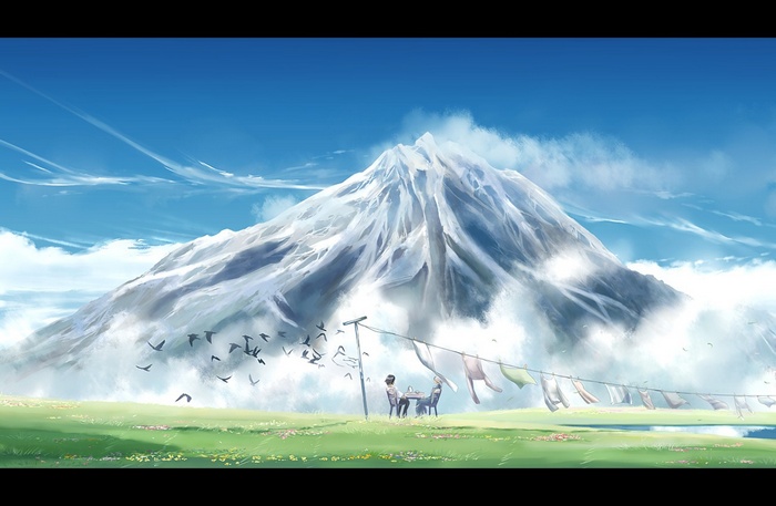 Anime landscape with a snow-capped mountain and two people