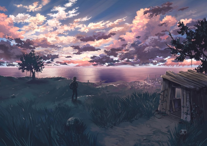 Anime boy looking at the sea during sunset