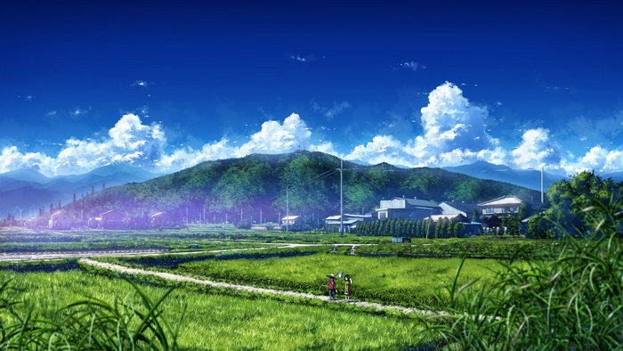 Anime landscape with mountains and rice fields