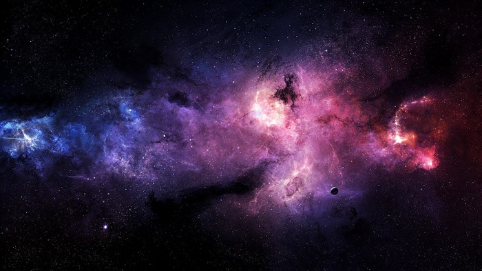 Colorful nebula with stars and a planet