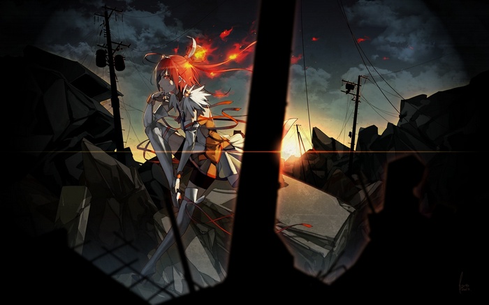 Anime girl with fiery hair in a destroyed city