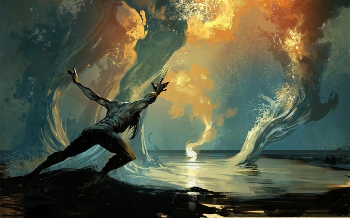 Man conjuring fire and water by Tomasz Jedruszek