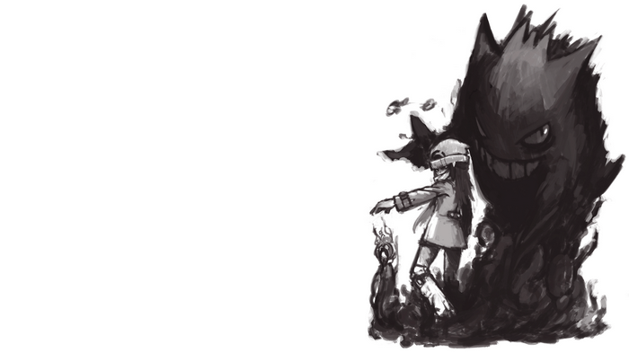 Gengar and a trainer in monochrome
