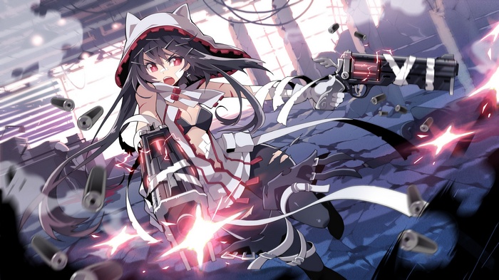 Anime girl with cat ears and guns firing