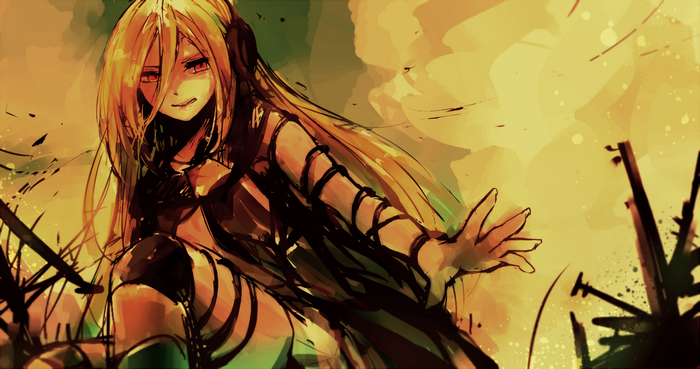 Lily (Vocaloid) with headphones and red eyes