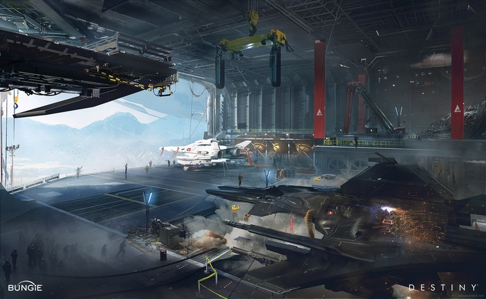 Destiny video game hangar with spaceships
