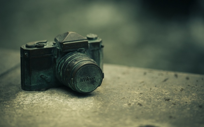 Bronze Nikon camera statue on a textured surface