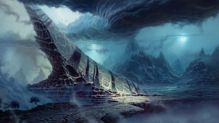 Fantasy art of a glacial landscape with a large ice structure