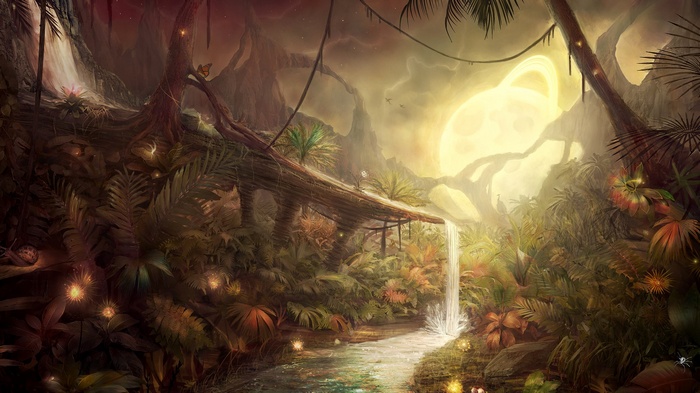 Fantasy jungle with a waterfall and a ringed planet