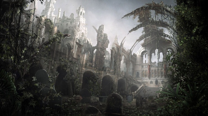 Ruined church and cemetery overgrown with nature