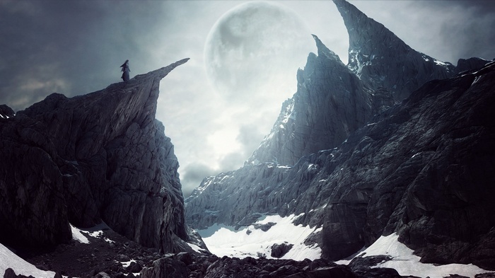 Fantasy art of a person on a mountain peak under a large moon