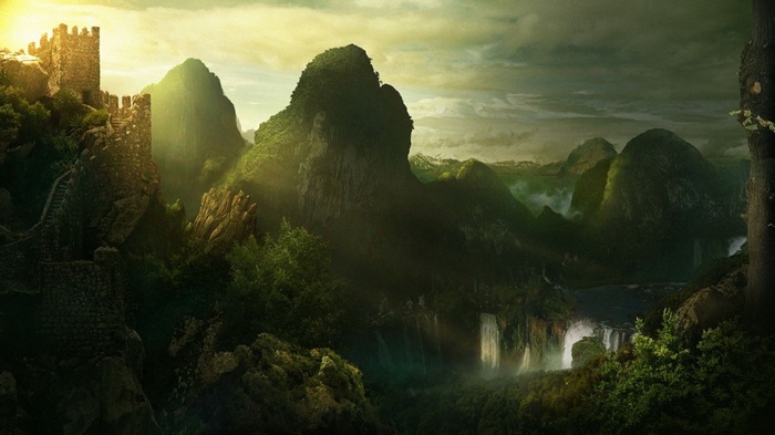 Fantasy castle on a mountain overlooking waterfalls