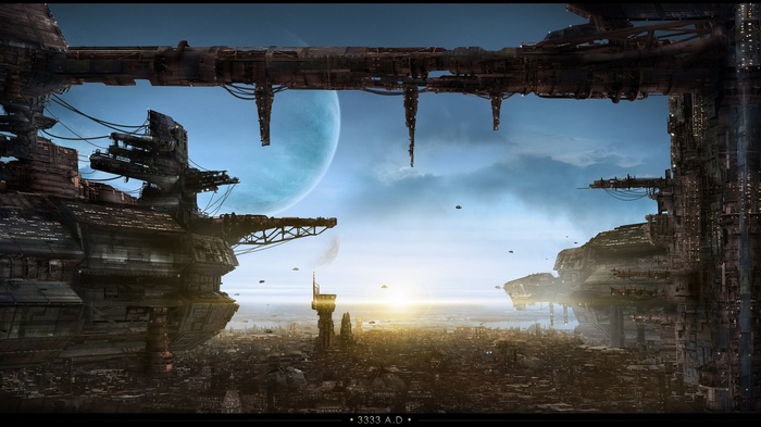 Futuristic city in 3333 A.D. with a large planet in the sky