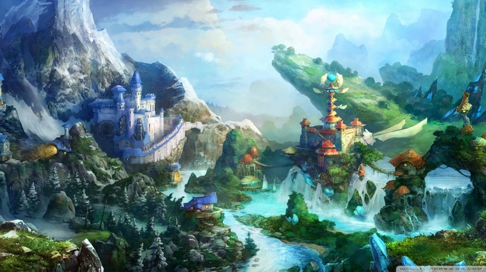 Fantasy art of a colorful castle landscape