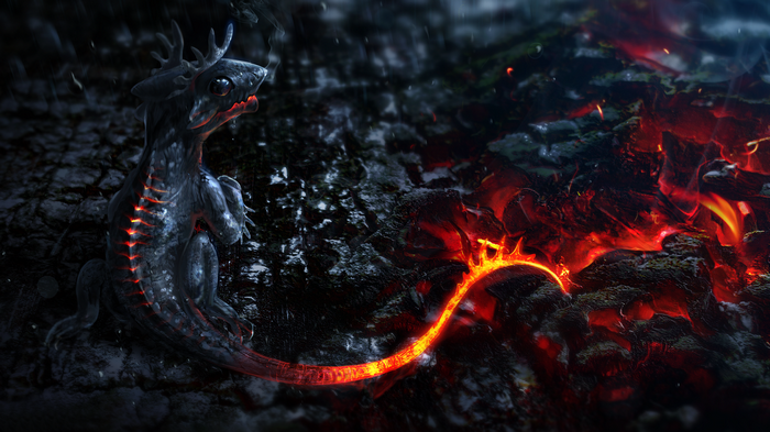 Fantasy creature with glowing spine near lava