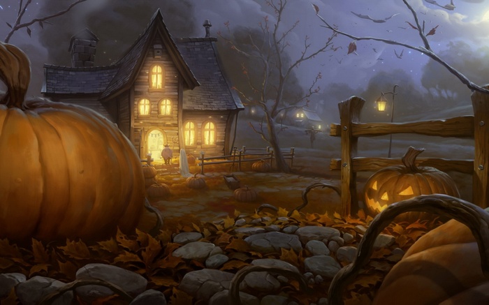 Halloween fantasy art with pumpkins and a haunted house