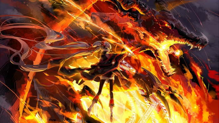 Anime girl fighting a fiery dragon