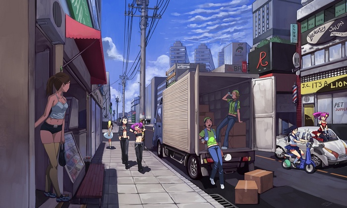 Anime characters in an urban cityscape with a delivery truck