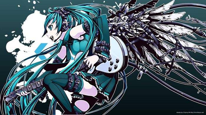 Hatsune Miku playing a guitar with mechanical wings