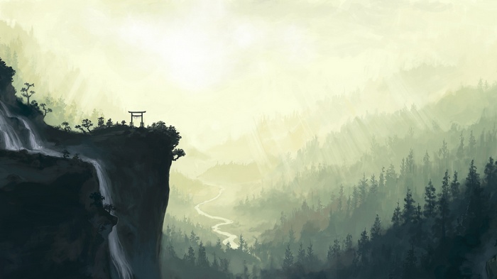 Misty mountains with a waterfall and a torii gate