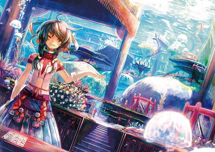 Anime girl in an underwater world with jellyfish