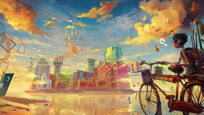 Anime boy with bicycle in a surreal cityscape