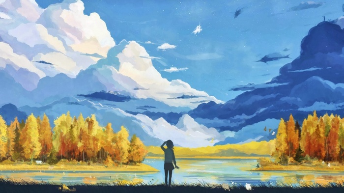 Anime girl looking at the sky with autumn trees