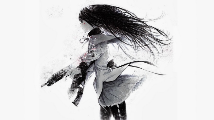 Akemi Homura from Mahou Shoujo Madoka Magica holding a weapon
