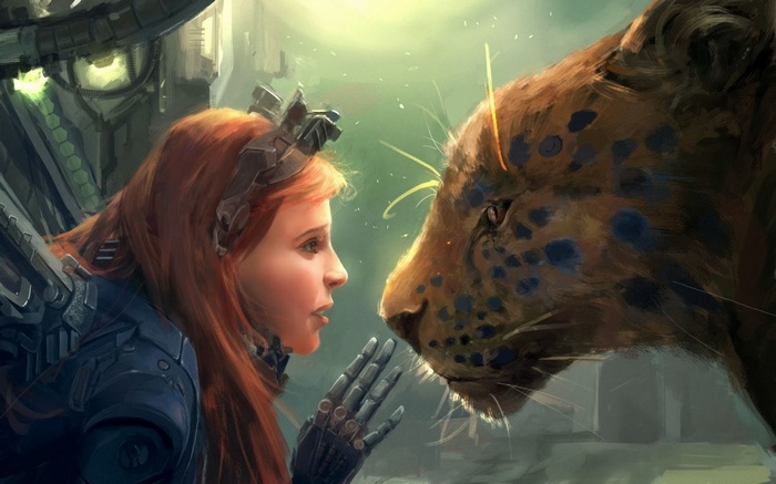 Girl with robot arm and leopard in futuristic setting